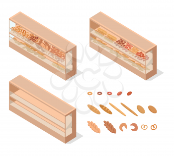 Pastries in shop showcase isometric vector illustration. Baked products on supermarket shelves 3d model isolated on white background. Full and empty groceries rack isometry for game, app, icon, web