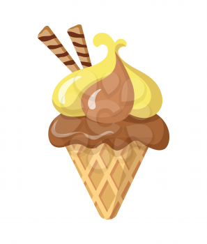 Ice cream cone with two long sweet rolls isolated. Sweets. Chocolate and banana ice in simple cartoon style. Stripped crispy waffles in ice. Yellow-brown tasty frozen food. Flat design. Vector