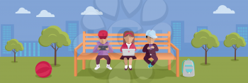 Internet addiction concept vector. Flat design. Boys and girl seating on bench in park with computer and phone in hand. People online communication, children internet education and entertaiments.
