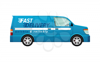 Transport. Blue delivery minivan with a white line. Fast and reliable four-wheeled mean of transportation. Side view of car with four silver discus in black frame. Front and back headlights. Vector
