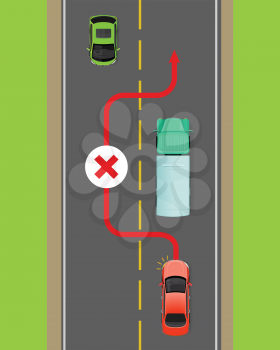 Lorry overtaking ban flat vector illustration. Passing on road rule violation on top view diagram. Traffic offences concept. Danger of car accident. Driving theory lesson. For driving courses test