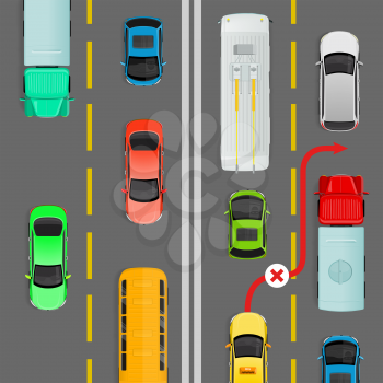 Overtaking in dense traffic flow flat vector illustration. Road rule violation example on top view diagram. Traffic offences concept. Danger of car accident. For insurance company, driving courses ad
