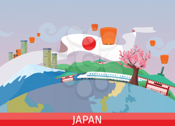 Japan vector concept. Vacation journey in Asia. Illustration with planet surface, city landscape, mount Fuji, lanterns, sakura tree, pagoda, train. Japanese tourist attractions. For travel company ad