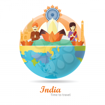India tourism poster design with attractions on the background of the globe. Time to travel. India landmark. India travel poster design in flat. Travel composition with famous landmarks.