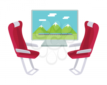Two sits and view from the window isolated on white. Train travel concept web banner. Railway comfort journey vector illustration in flat style design. Comfortable armchairs in express. Vector