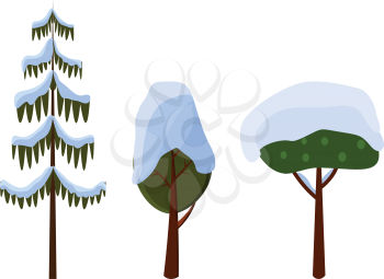 Tree evergreen trees covered with snow on white. Collection of different trees in shape and size. Long spruce bare Christmas tree in cartoon style. Winter snow frost in flat design vector illustration