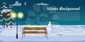Small snowman with hat and wooden bench are on winter background in dark, cold night. Snow on green fir trees and ground. Sky with clouds, moon and stars vector illustration of forest landscape.