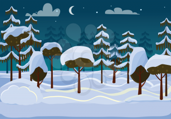 Forest in evening illustration of wood. Different trees and spruces covered with snow in cartoon style flat design snow piles. Thin moon and clouds on dark blue sky. Winter coldness frost vector