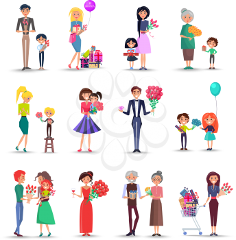 Women s happy day concept colourful collection on white. Vector poster of smiling female people getting flowers and presents from kids and grandchildren, husbands and boyfriends in flat style