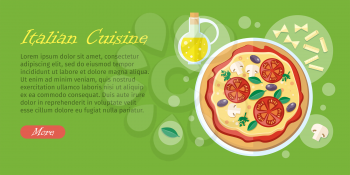 Italian cuisine web banner. Pizza with tomatoes, pasta, mushrooms, olive oil flat style isolated on white. Illustration for pizzeria, restaurant ad, logo design, delivery service. Vector illustration