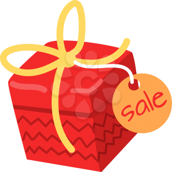 Big red with yellow bow present for Christmas sale on white background. Vector illustration of holiday gift as element of holiday decor. Box with its own design of red stitches on walls and orange tag
