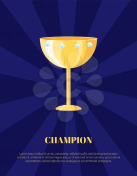 Champion rewarding icon poster on blue rays backdrop. Golden trophy cup vector illustration. Shiny award, goblet with precious stones isolated