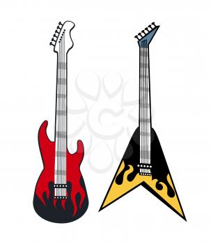 Rock and roll guitars colorful vector illustration, concepts of special musical instruments with printed red and yellow flame, electro music equipment