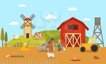 Farm colorful cartoon illustration. Household arrangement barn, water tower, mill and tractor. Farmer and animal character on green meadow backdrop.