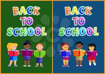 Back to school vector poster set with reading schoolchildren. Multi-ethnic pupils, kids with books right for education postcard, flyer or brochure.