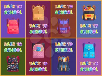 Back to school goods promotion poster with school stuff for shop or store advertising. Poster set with vector schoolbags, satchels and rucksacks.