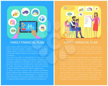 Family financial planning set, gadget with priorities, house and car, education to kids, buying food, ideas of mother on board vector illustration