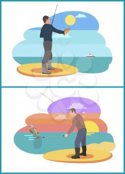 Fishing people with rods. Active vacation on bank of river or seashore. Sunset by water man catching limbless cold-blooded animals vector illustration