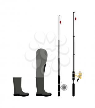 Fishing equipment isolated on white background vector illustration of boots with trouser-leg, set of special fishing-rods for different fish catching