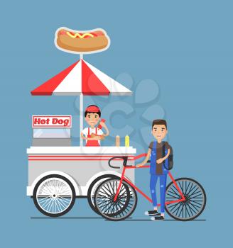 Hot-dog cart vendor in uniform, customer with bicycle. Street snack mobile shop of hot dogs. Fast-food trolley seller and buyer vector illustration