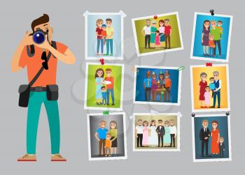 Family photo session of people at anniversaries, weddings, birthday parties and engagements vector. Photographer advertising poster with samples of works