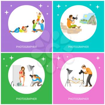 Photographer taking picture of parents and kid, journalist making shots of celebrity in bikini, cameraman photographing food, paparazzi and mountains vector