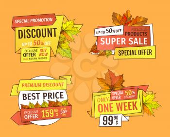 Final or total clearance autumn labels, discounts on thanksgiving day, fall season. Shopping signs with info about sales, price tags vector isolated icons.