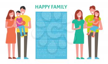 Happy family spending time together. Mother, father and daughter and son poster, frame for text. Dad, mom and little child on arms, kid holding ice cream
