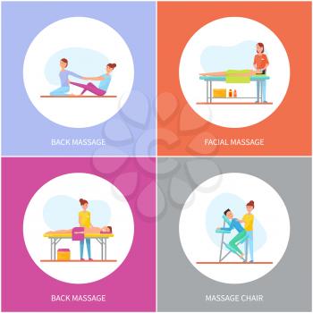 Facial and back massage and special chair cartoon vector set. Masseuse in uniform massaging clients lying on table and sitting on armchair and on rug