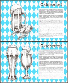 Oktoberfest beer objects set hand drawn icons. Full tumblers with flowing foam and lobster snack on blue and white rhombuses vintage vector template