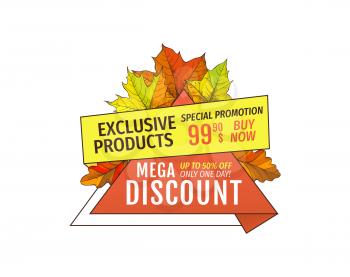 Mega discounts on exclusive products special promotion 99.90 price buy now advertisement tag with maple leaves isolated. Autumn fall costs reduction