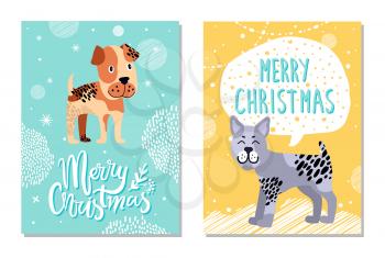 Merry Christmas, calendar images with titles and icons of dogs of different breed and color, pic with pattern and snowfall on vector illustration