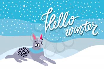 Hello winter poster with spotted grey dog with blue collar, symbol of New Year 2018 on background of snowy landscape and snowflakes vector illustration