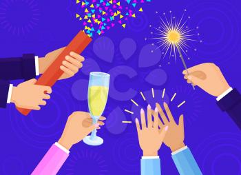 People hands with champagne glass, big slapstick full of confetti and bright sparkler isolated cartoon flat vector illustration on blue background.