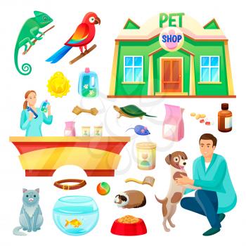 Pet shop with fluffy cat, friendly dog, exotic animals, special medicines and food, rubber toys, counter with saleswoman and vet vector illustrations.