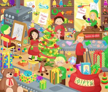 Santa Claus presents factory with little helpers that works in room stuffed with children toys for Christmas night cartoon vector illustration.