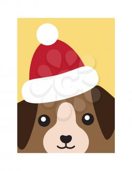 Cover with dog in Santa Claus hat vector illustration isolated. Puppy head in cute winter cap, happy canine animal in cartoon style design