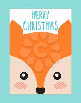 Merry Christmas postcard with cute fox or squirrel head vector cover design with animal. Decorative greeting card with cute mammal in cartoon style