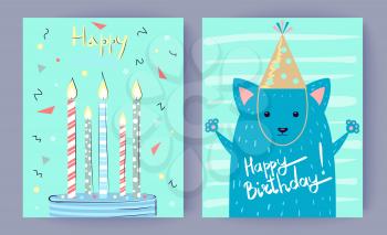 Happy Birthday set of posters with candles in cake and blue fox in festive cap. Vector illustration with congratulations decorated with colorful confetti