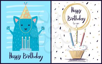 Happy Birthday to you postcard with blue fox in cap standing in front of cake with candles. Vector illustration with sweets surrounded by doodles