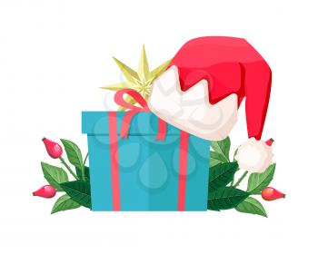 Gift box isolated with Santa Claus hat with canker-rose and golden star. Christmas decoration set in cartoon style on white. Vector illustration of present case, adorned red cap and tree leaves