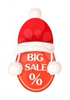 Big sale oval tag with percent sign inside and Santa Claus hat on top isolated. Time for seasonal discounts in shops. Vector illustration of label decorated with Christmas cap in flat design