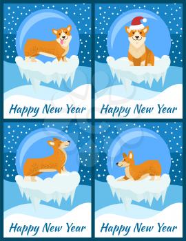 Happy New Year congratulations from cute corgi on set of four bright posters. Vector illustration with happy dog in red Santa s hat on snowy background