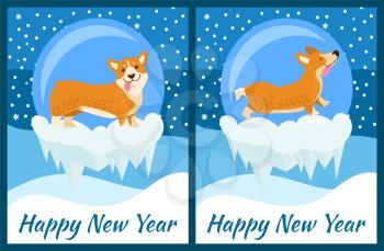 Happy New Year corgi symbol of chinese horoscope sign vector illustration postcard with cute dog puppies on snow cliffs and winter landscape on background