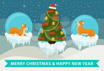 Merry Christmas and happy New Year corgi congrats on snowy background. Vector illustration with decorated xmas tree surrounded by two happy cute dogs