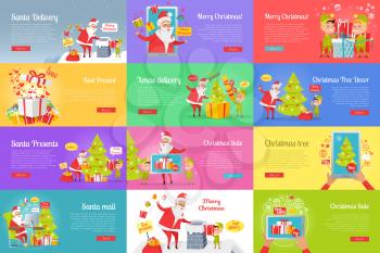 Collection of christmas vector illustration with Santa Claus reading letters, buying presents via the Internet and sending them. Colourful poster of pictures with Santa and gnome decorating xmas tree