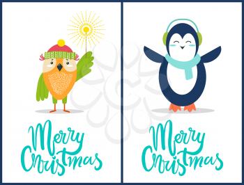 Merry Christmas composition of owl wearing red hat of Santa Claus and holding Bengal light and icon penguin with scarf isolated on vector illustration