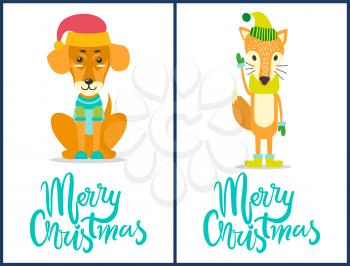 Merry Christmas, banners with dog wearing red Claus hat and sweater, fox with green headwear and gloves, decorated titles below on vector illustration
