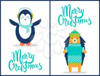 Merry Christmas, poster representing penguin with scarf and headphones and hedgehog, wearing sweater and knitted green hat on vector illustration