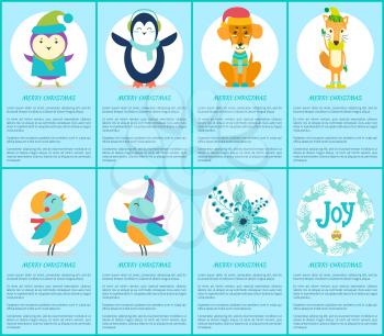 Merry Christmas, set with text sample below headlines and icons of penguin and bird, dog and fox, and compositions isolated on vector illustration